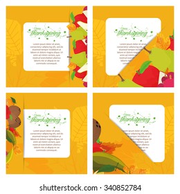 Set of backgrounds with leaves and text for thanksgiving day