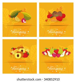 Set of backgrounds with leaves and text for thanksgiving day