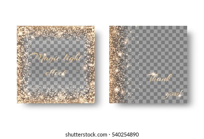 Set of backgrounds with light effect on a transparent backdrop. Golden festive decorations for design of postcards, banners, congratulations