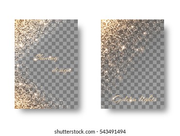 Set of backgrounds with light effect on a transparent backdrop. Golden festive decorations for design of postcards, banners, congratulations
