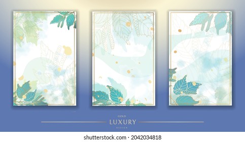 Set of backgrounds. Luxurious golden wallpaper. White background and blue watercolor, beautiful golden birch leaves with a shiny light texture. Modern art mural wallpaper. Vector illustration.