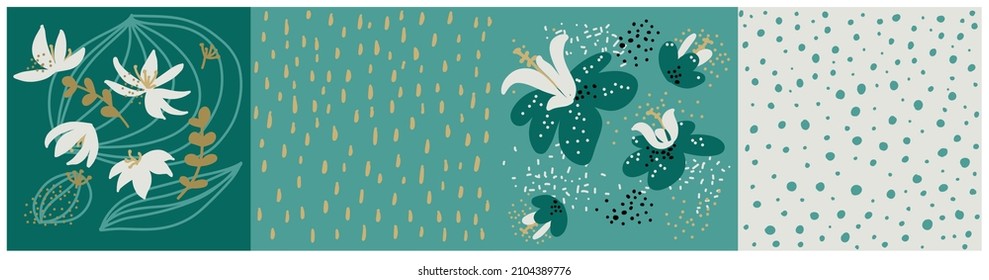 Set of backgrounds in a modern floral style and polka dots. Modern design for paper, cover, fabric, interior decor and postcards.