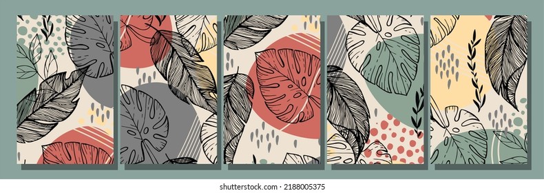 Set Backgrounds With Monstera Leaves and Abstract Shapes. Modern Wallpapers in minimalist trendy style for social media stories. Vector illustration in pastel colors.