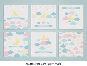 Conjunto de fondos con luna, nubes y estrellas, y un patrón impecable. Ilustración vectorial. Dulces sueños