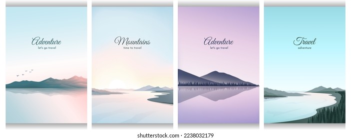 A set of backgrounds. Mountain landscape, a river with gentle banks, a lake in the mountains. Vector illustration. Design for invitation, card, background, banner, wallpaper. Nature walks, tourism.