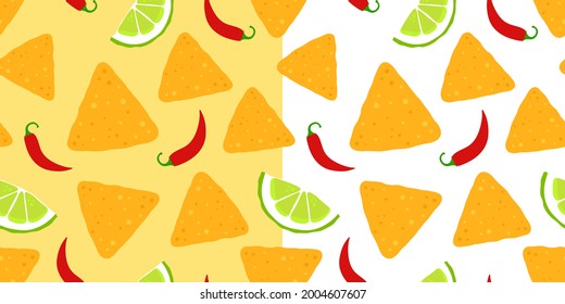 Set of backgrounds with nacho, slice of lime and chili on yellow and white background 