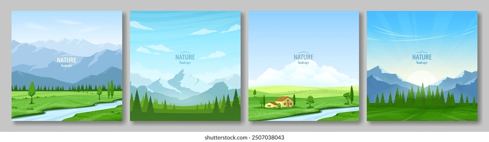 Set of backgrounds with natural landscapes. Mountains and forest, a village house near the river, green meadows and a valley. Recreation in nature, hiking, tourism. Vector images.