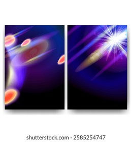 Set of backgrounds with neon light streaks, glowing effects, and lens flares on a dark backdrop for tech designs, digital art, and futuristic themes, poster, banner, cover design. Vector illustration