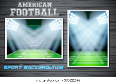 Set Backgrounds of night American Football stadium. Horizontal and vertical orientation. Editable Vector Illustration.