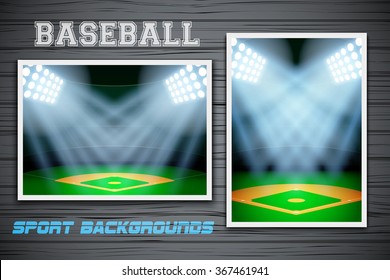 Set Backgrounds of night baseball stadium. Horizontal and vertical orientation. Editable Vector Illustration.