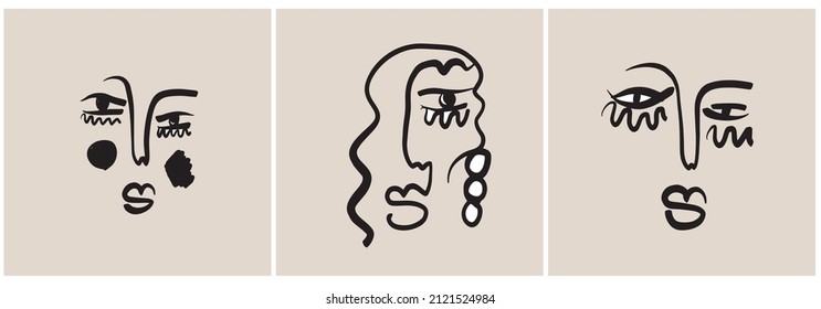 Conjunto de fondos con caras de una línea. Cara de cubismo. Diseñar plantillas. Dibujo lineal. 