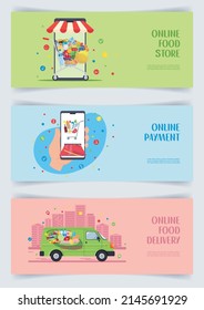 Set of backgrounds with online food store, payment and delivery concepts. Grocery order, purchase and logistic service. Banner, flyer template for  supermarket, retail, online shop.