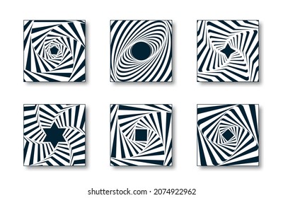 Set of backgrounds with optical illusion. Abstract swirl trail or tunnel. Abstract striped wireframe background with tunnel.