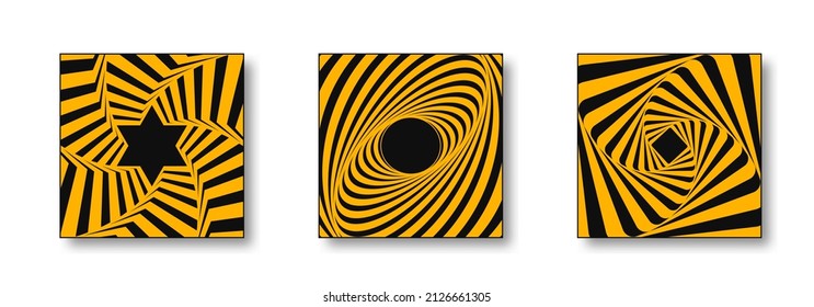 Set of backgrounds with optical illusion. Vector effect of acceleration, speed, motion and depth.