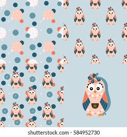 Set of backgrounds with owls. Collection of seamless patterns for baby textiles, Wallpaper, packaging. Vector illustration.