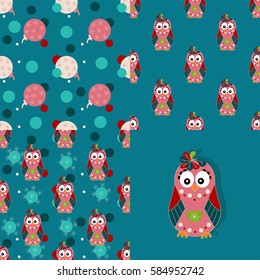 Set of backgrounds with owls. Collection of seamless patterns for baby textiles, Wallpaper, packaging. Vector illustration.