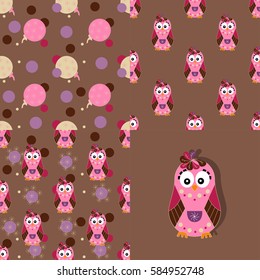 Set of backgrounds with owls. Collection of seamless patterns for baby textiles, Wallpaper, packaging. Vector illustration.