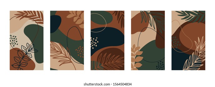 Set Backgrounds with palm leaves and different shapes. Abstract Mobile Wallpapers in minimal trendy style templates for social media stories. Vector Illustration in green and terra color