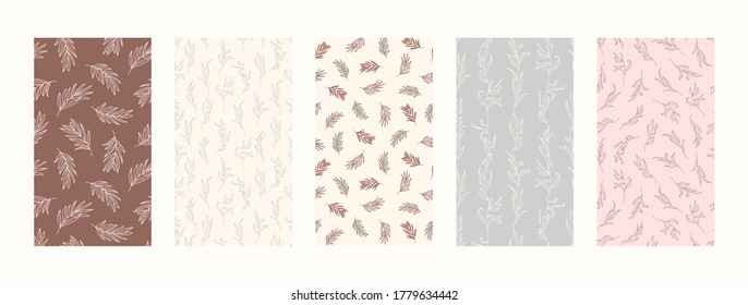 Set Backgrounds with Palm leaves and floral Elements. Abstract Mobile Wallpapers in minimalist trend style for social media stories. Vector illustration in pastel colors pink and blue