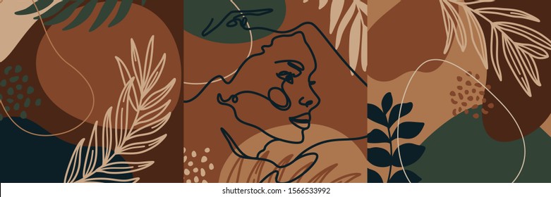 Set Backgrounds with palm leaves and woman's portrait in a minimal trendy style templates for social media post. Vector Illustration collage art. For posters, postcards, Covers, prints.