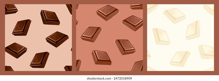 Set of backgrounds with pieces of chocolate. Black, white and milk chocolate seamless pattern. Vector cartoon flat illustration.