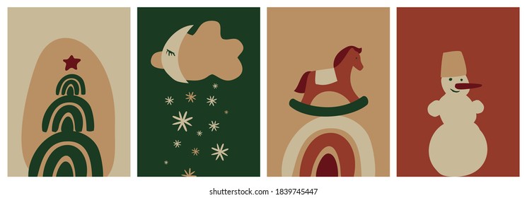 Set of backgrounds for postcards, posters, invitations, and covers for notebooks. Collection of new year and Christmas banners with snowman, tree, horse, rainbow, snowfall, moon. Vector illustration.