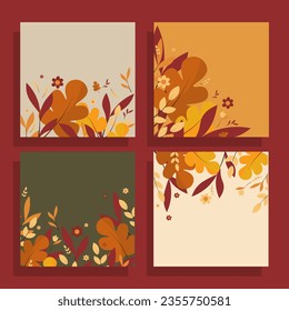 Set of backgrounds for postcards. Vector illustration. Autumn comfort. Autumn leaves composition. Background for posters, background for social media posts, autumn theme.