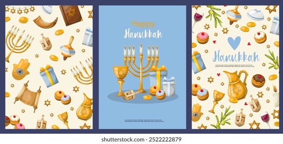 Conjunto de cartazes de fundo do feriado israelense Hanukkah. A ilustração é desenhada à mão. Feito à mão. Vetor