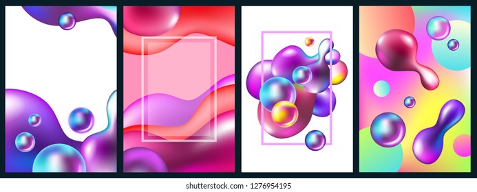 Set backgrounds and posters of liquid bubble. Modern 3d plastic wavy colorful shapes. Abstract vector illustration. Template for design, flyer or presentation.