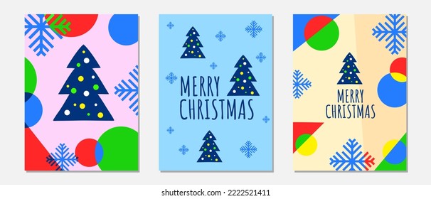 Set of backgrounds and posters, Merry Christmas greeting cards, holiday wishes. Designer covers and templates, Christmas trees and snowflakes in modern minimalism. Vector illustration