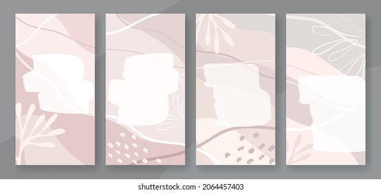 Set of backgrounds for posts and stories in social networks. Stylish background in pastel beige colors for adding text. Promotion and publication of posts. Nude stains with scratch texture and lines.