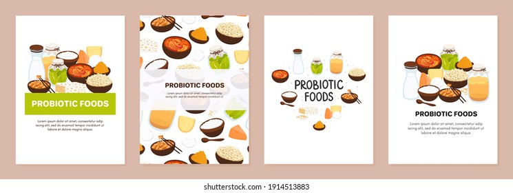 Set of backgrounds with probiotic foods. Best sources of probiotics. Beneficial bacteria improve health. Designs is for brochure, menu, advertising flyer, booklet about diets, healthy proper nutrition