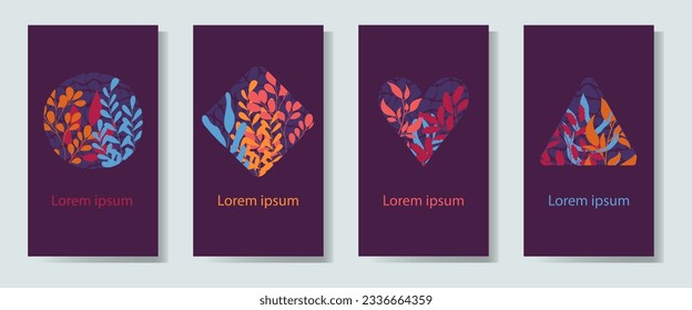 Conjunto de fondos en color púrpura con elementos de planta brillantes y figuras abstractas. Ramas y hojas en el diseño de banner de otoño, invitación, volante, fondo. EPS10