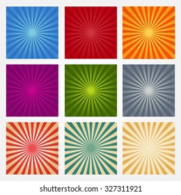 Set of backgrounds ray or abstract sun rays. Collection of blue, red, orange, purple, green and gray light rays. Set texture ray burst and retro rays background. 