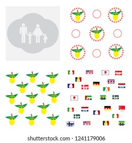 Set of backgrounds for recreation, travel, trade. Family, illustration with people. Silhouette mother with baby and husband. Flags.