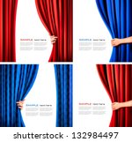 Set of backgrounds with red and blue velvet curtain and hand. Vector illustration.