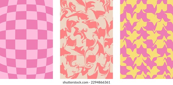 Set of Backgrounds Retro Groovy Abstract Psychedelic Check Y2K 90s. Phone case, Background, print, banner, repeating pattern, vector.