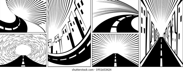 Set of backgrounds with roads, highways, and expressways. Highway with speed lines and empty place for text. Asphalt road in the city. Background template for comics in retro style. Vector