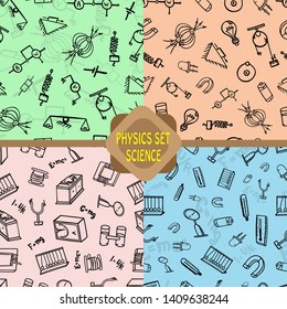 set of backgrounds science physics seamless patterns doodles sketch instruments measuring formulas electron force load