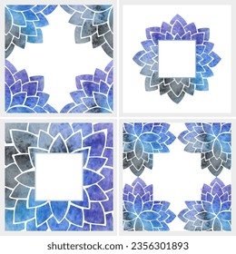 Set of backgrounds and seamless pattern with frame, silhouettes of blue and purple stylized lotus flowers with watercolor texture and white blank