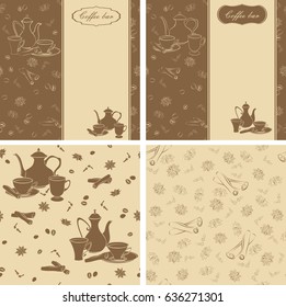 Set of backgrounds and seamless patterns with coffee pots, cups and spices. Coffee beans, anise, cinnamon, cloves sprigs.