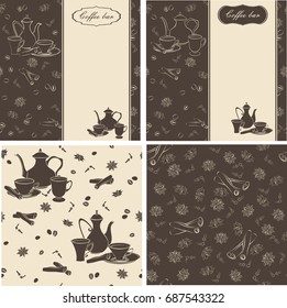 Set of backgrounds and seamless patterns with coffee pots, cups and spices. Coffee beans, anise, cinnamon, cloves sprigs.