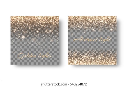 Set of backgrounds with shining golden lights on a transparent backdrop. Festive decoration of New Year's Eve