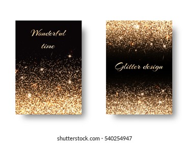 Set of backgrounds with shining golden lights against a black backdrop. Festive decoration of New Years Eve