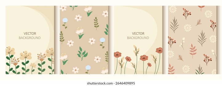 Um conjunto de fundos com flores simples. Cartaz ou capa em cores suaves e quentes. Um vetor para panfletos, cartões postais, design, mídias sociais e publicidade.

