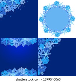 Un conjunto de paisajes con copos de nieve y nieve para el periodo invernal. Para afiches, postales, afiches, cabecera del sitio web. Plantilla vectorial de fondo de invierno festivo.