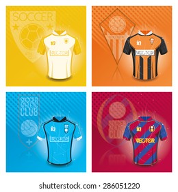 Set of backgrounds with soccer shirts and soccer emblems. Vector illustration