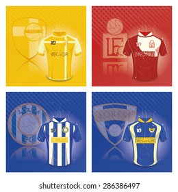 Set of backgrounds with soccer shirts and  soccer emblems. Vector illustration