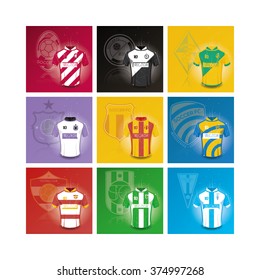 Set of backgrounds with soccer shirts and soccer emblems. Vector illustration