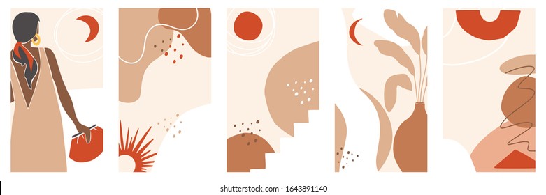 Set of backgrounds for social media platform, instagram stories, banner with abstract shapes, fruits, leaves, and woman shape. Visual design for your social networks, personal blog, shop.